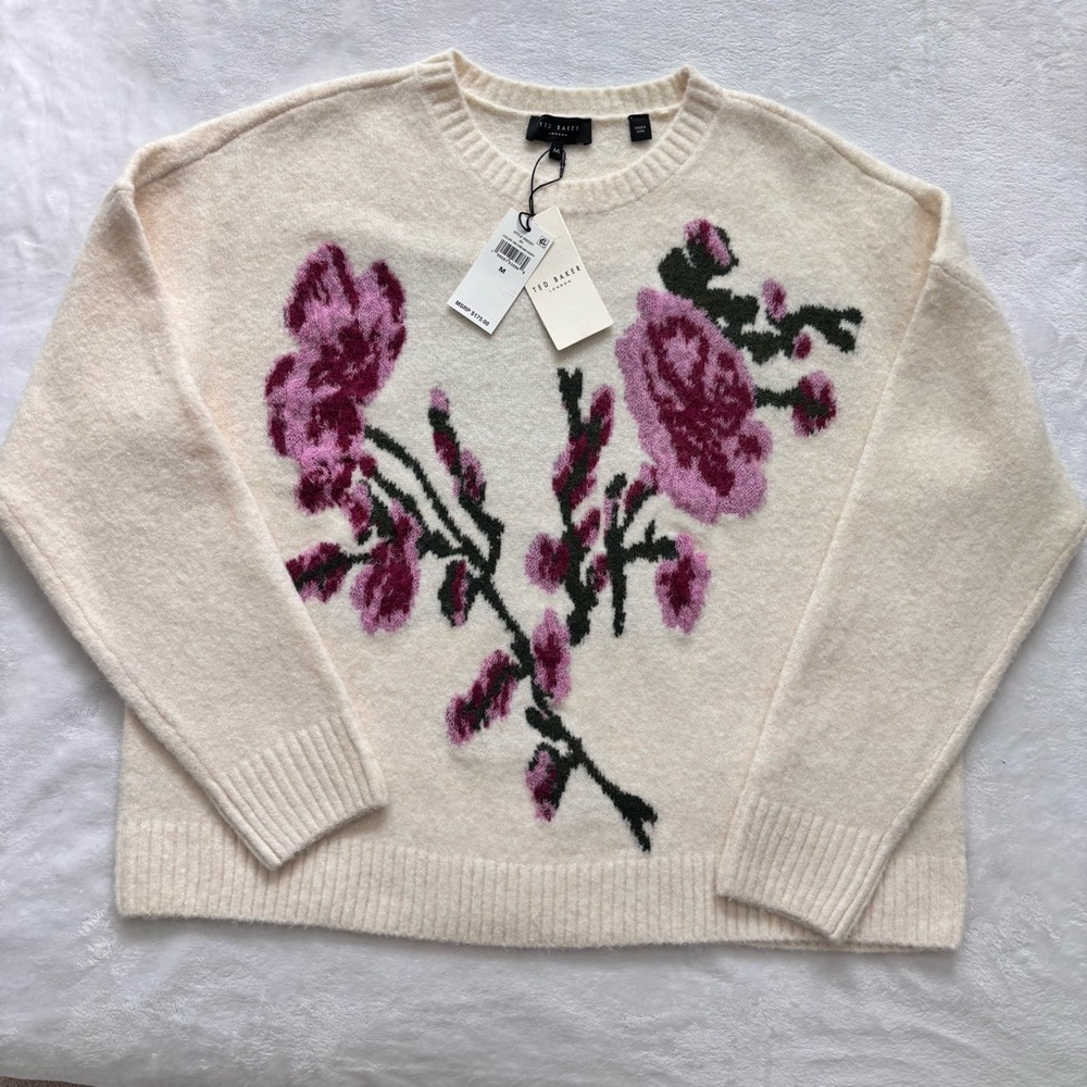 TED BAKER Cream Ivory Long Sleeve Floral Jacquard Sweater--NWT--M - Picture 6 of 16